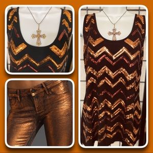 Like New Copper & Black Color Chevron Sequined Top